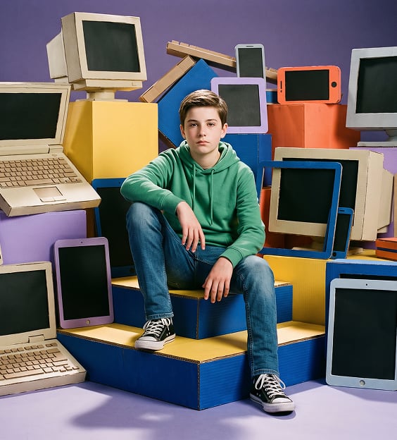 Ein Teenager sitzt zwischen gestapelten Laptops, Tablets und Smartphones