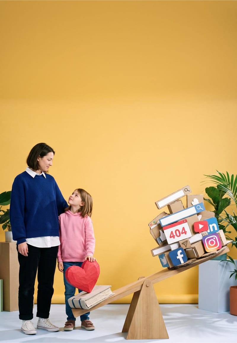 Ein Elternteil und ein Kind stehen neben einem kippenden Stapel aus Social-Media-Symbolen
