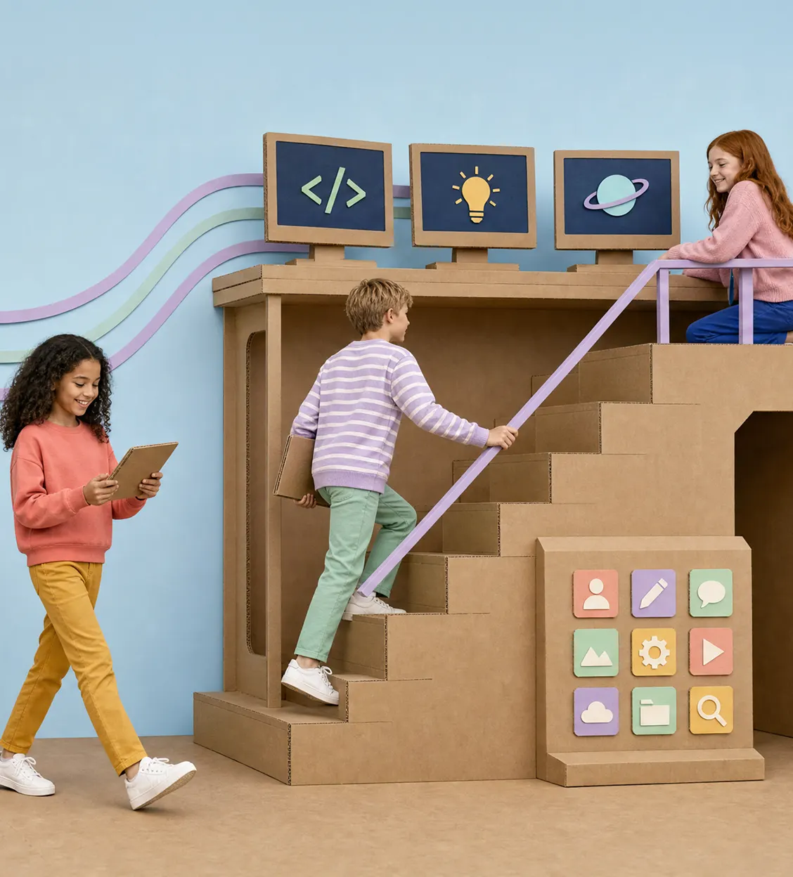 Drei Kinder spielen an einem Klassenzimmer aus Pappe mit Computerbildschirmen