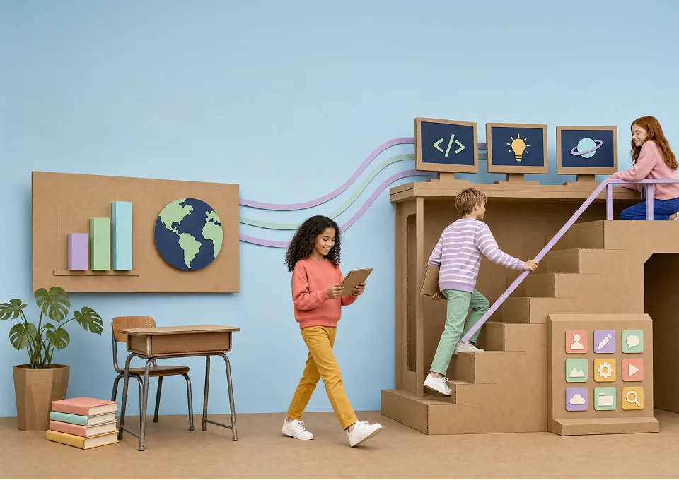 Drei Kinder spielen an einem Klassenzimmer aus Pappe mit Computerbildschirmen