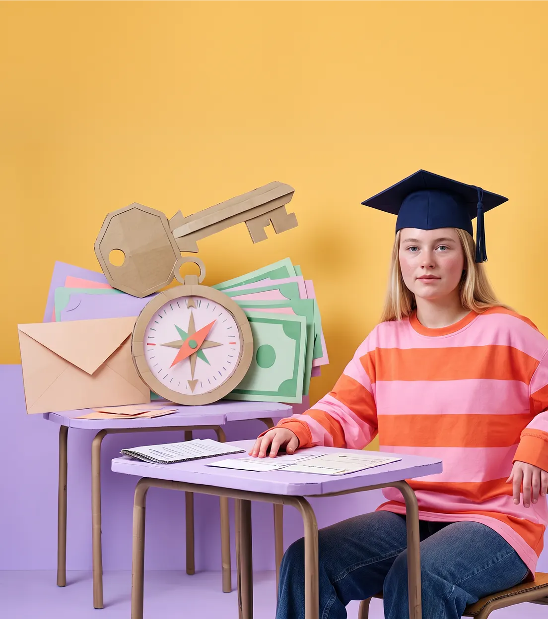 Eine Schülerin mit Doktorhut sitzt an einem Tisch zwischen Papierschlüsseln, Geld und Dokumenten