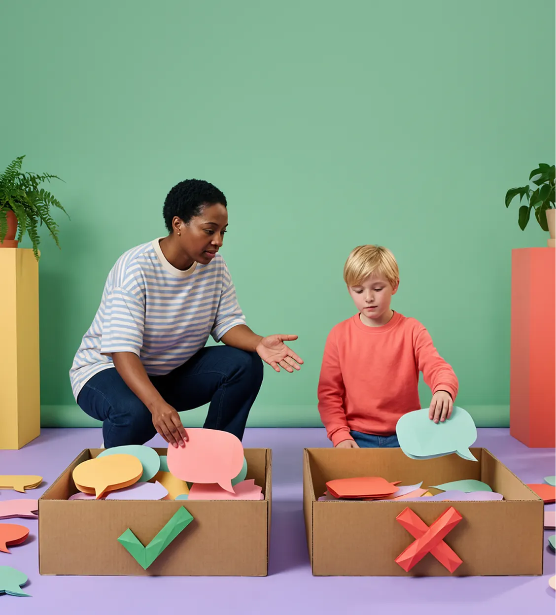 Eine Lehrerin und ein Kind sortieren Sprechblasen aus Papier in Kisten mit Haken und Kreuz