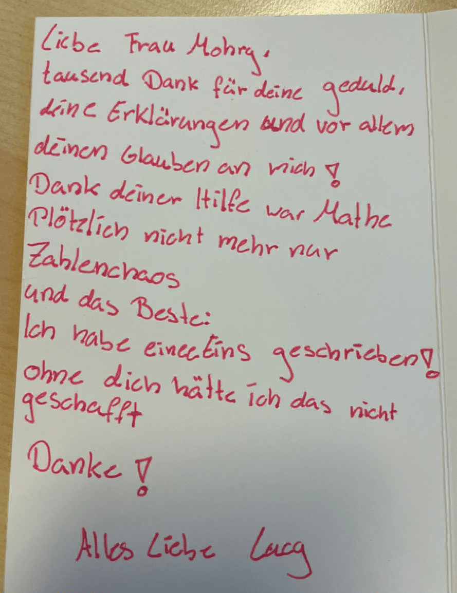 Handgeschriebene Rückmeldung aus dem I.D.L.-Lerntraining