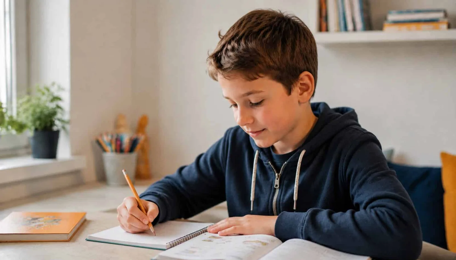 Kind übt Lesen und Schreiben zu Hause
