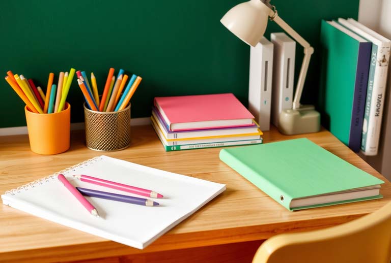 Schreibtisch mit Heften, Büchern und Stiften.