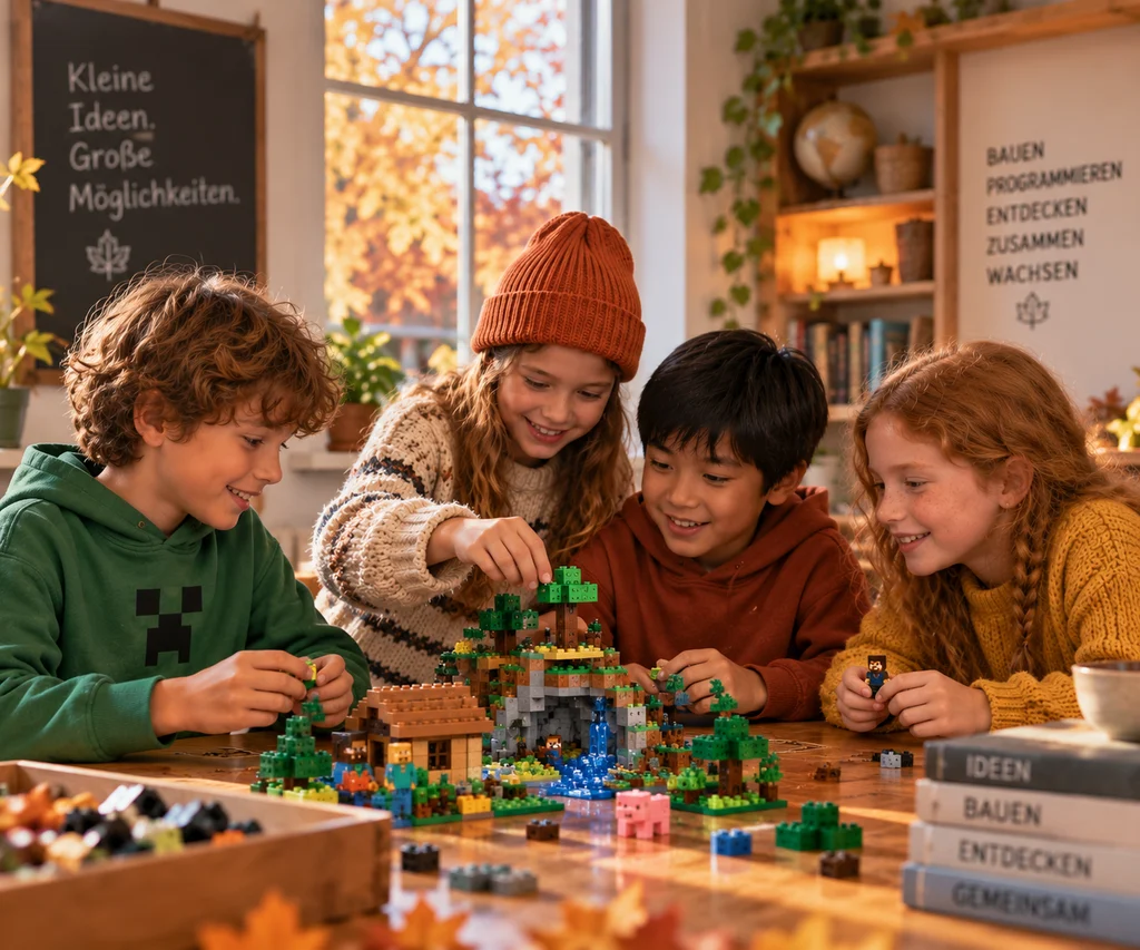Kinder bauen im Herbstferien-Camp eine Minecraft-Welt aus LEGO®