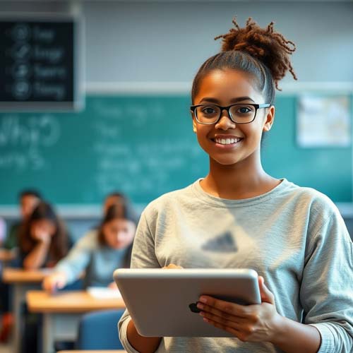 Mädchen im Klassenraum mit einem Tablet in der Hand.
