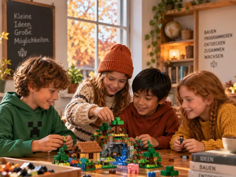 Vier Kinder bauen gemeinsam eine LEGO®-Minecraft-Landschaft.