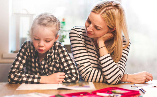 Mutter übt mit ihrer Tochter lesen
