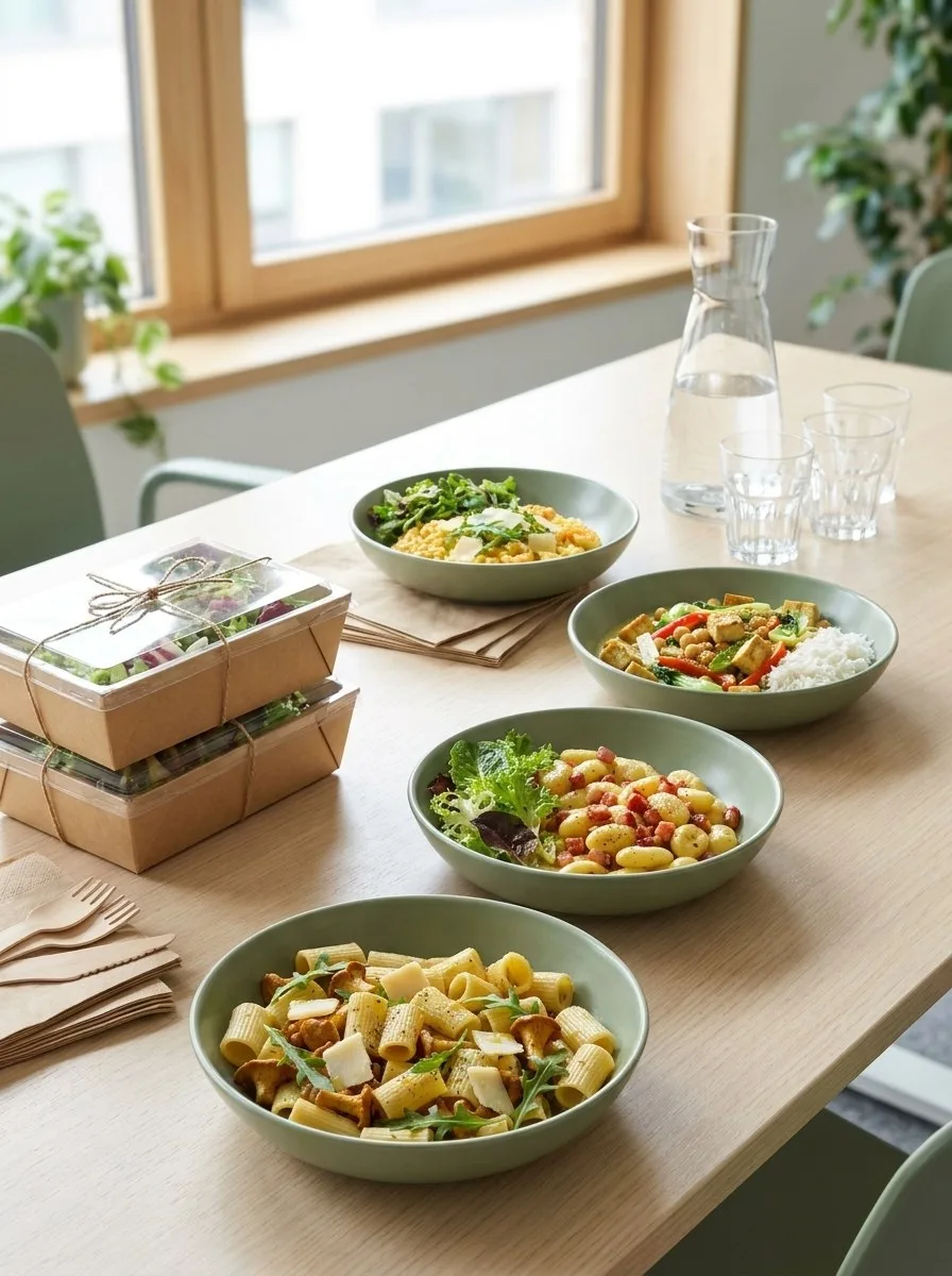 Office-Catering: Topf&Deckel Bowls und Takeaway-Boxen auf einem Meetingtisch