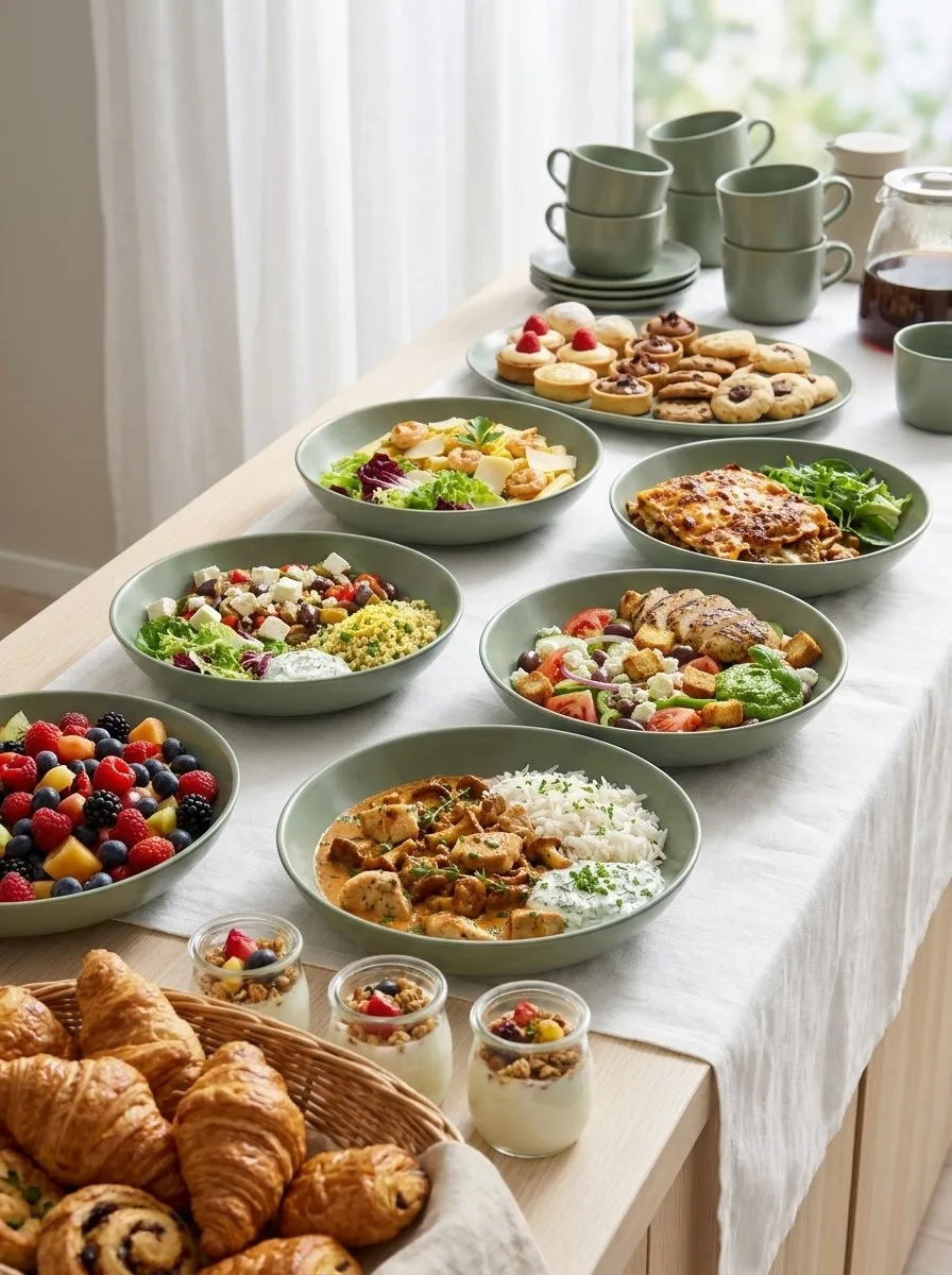 Ganztags-Buffet: Frühstücksgebäck, Lunch-Bowls, Kuchen und Kaffee