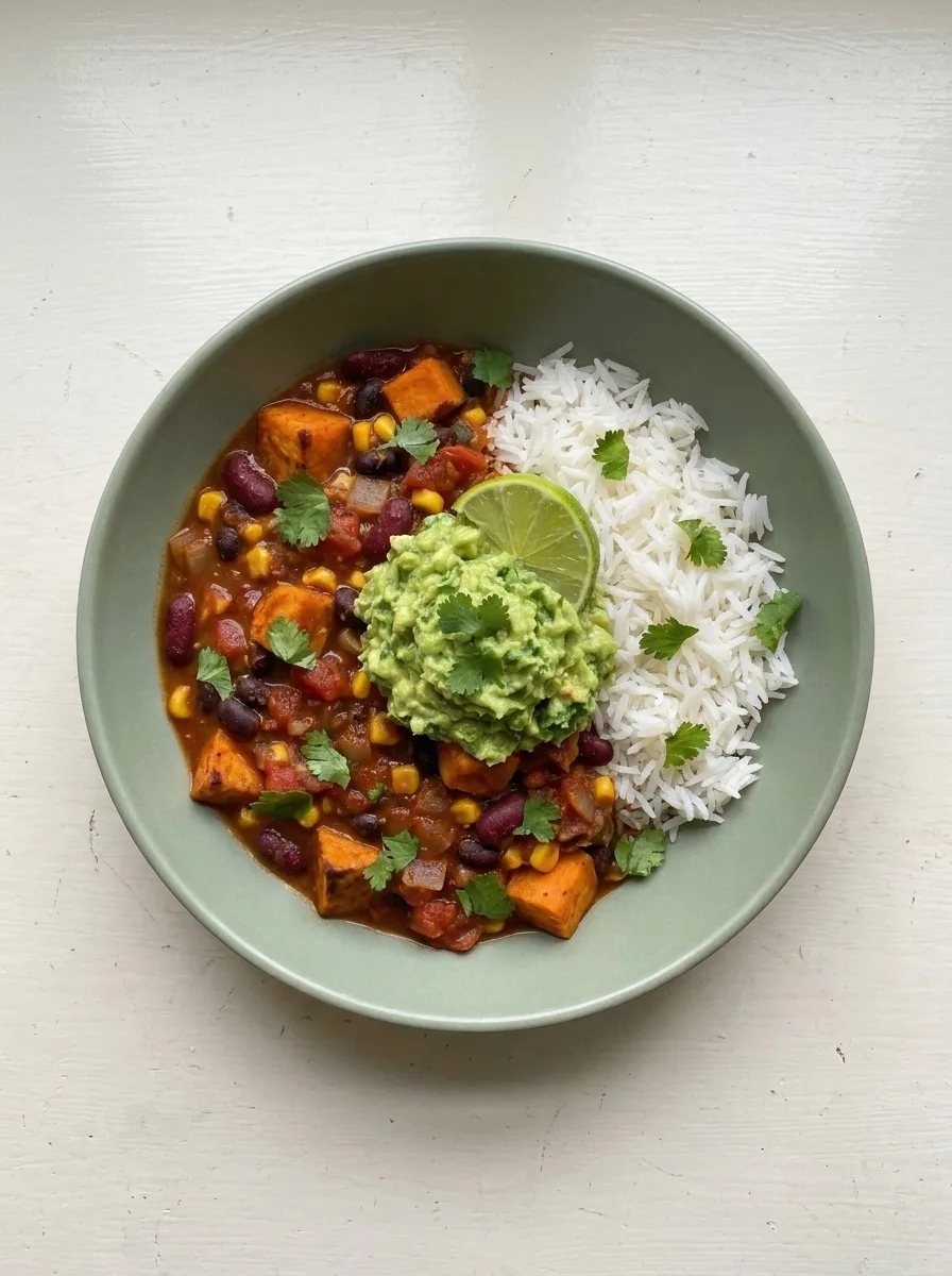 Süßkartoffel-Chili sin Carne mit Guacamole und Reis