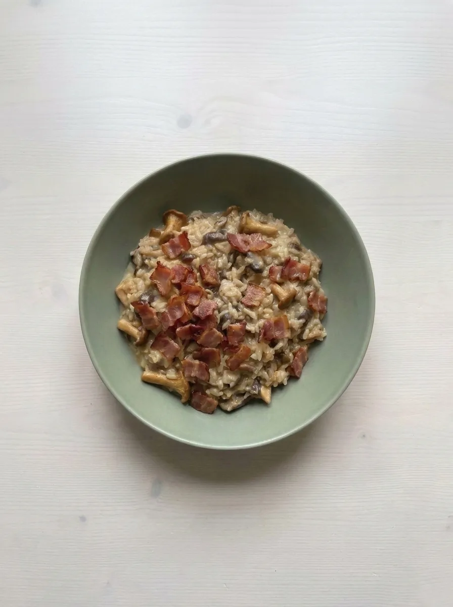 Waldpilzrisotto mit geröstetem Speck