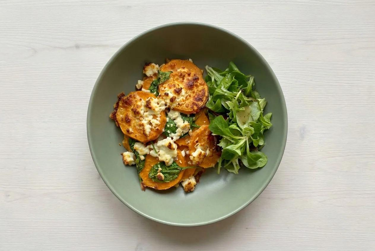 Süßkartoffel-Feta-Gratin mit Blattsalat