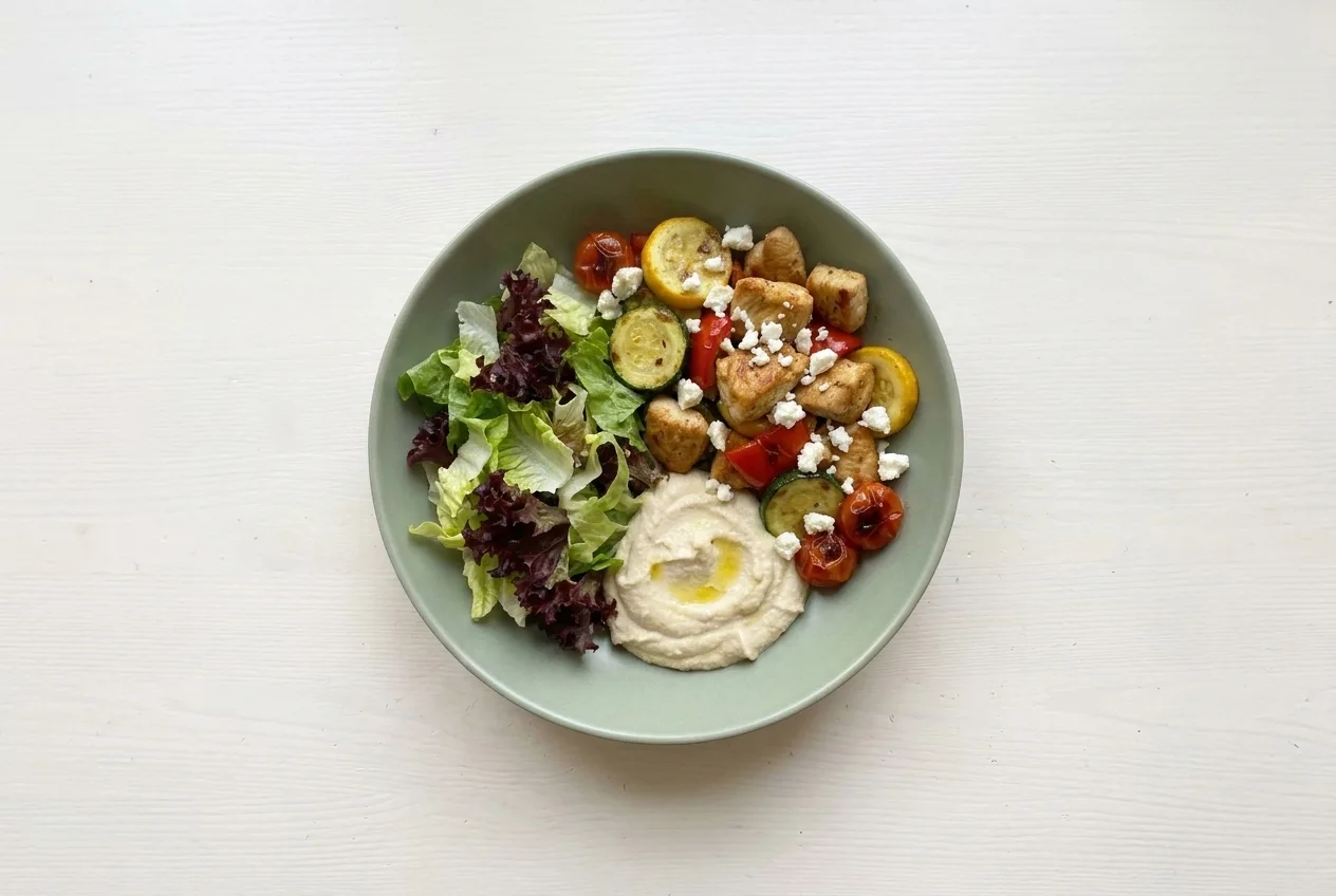Hühnerpfanne auf Hummus mit mediterranem Gemüse