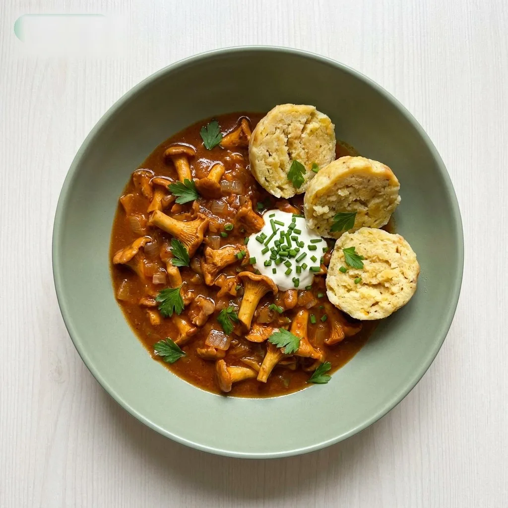 Hausgemachtes Eierschwammerl-Gulasch mit Semmelknödeln