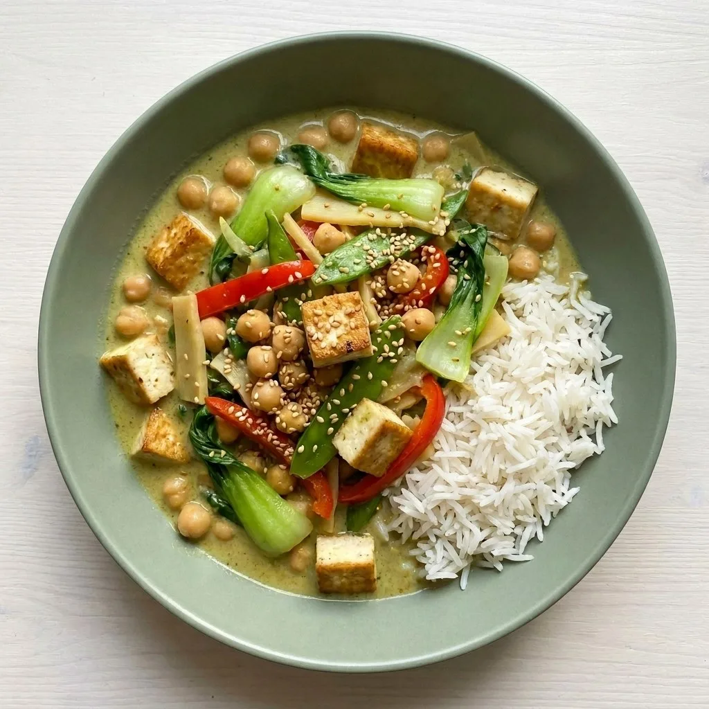 Grünes Kichererbsen-Tofu-Curry mit Gemüse und Basmatireis