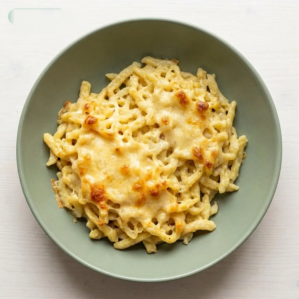Ofen-Käsespätzle mit gratiniertem Bergkäse und grünem Salat