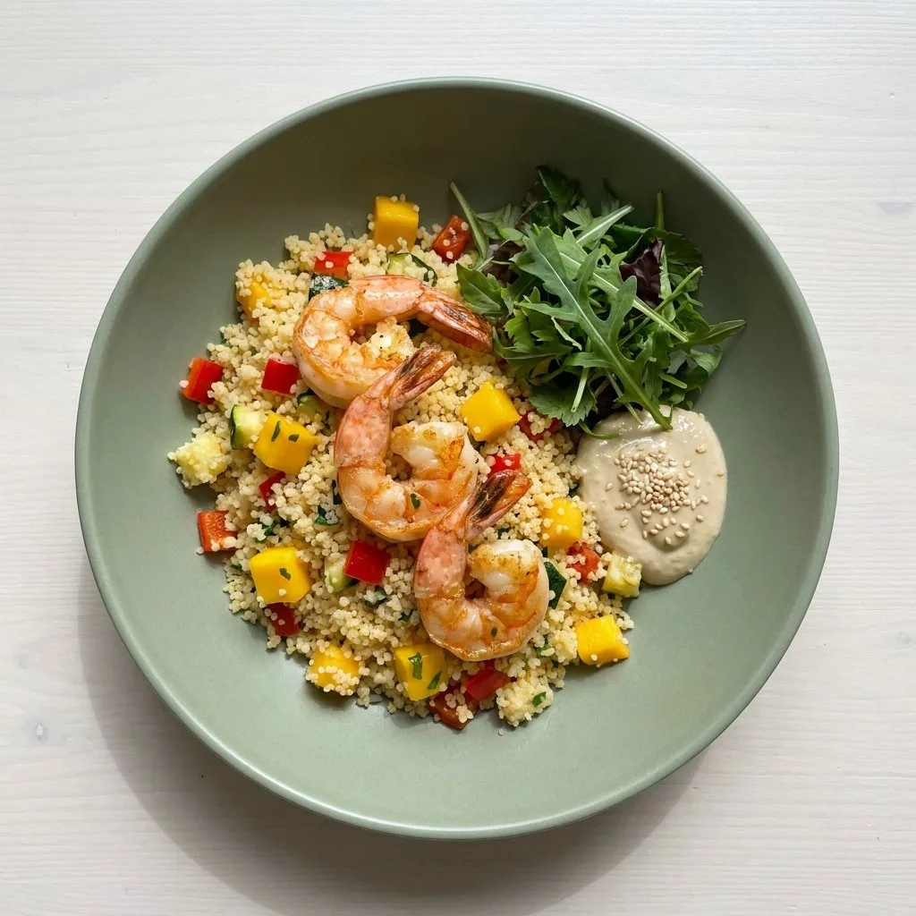 Black Tiger Garnelen auf Gemüse-Mango-Couscous